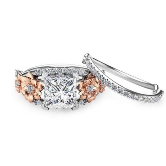 Jewelry - White Sapphire Wedding Engagement Floral Ring Set